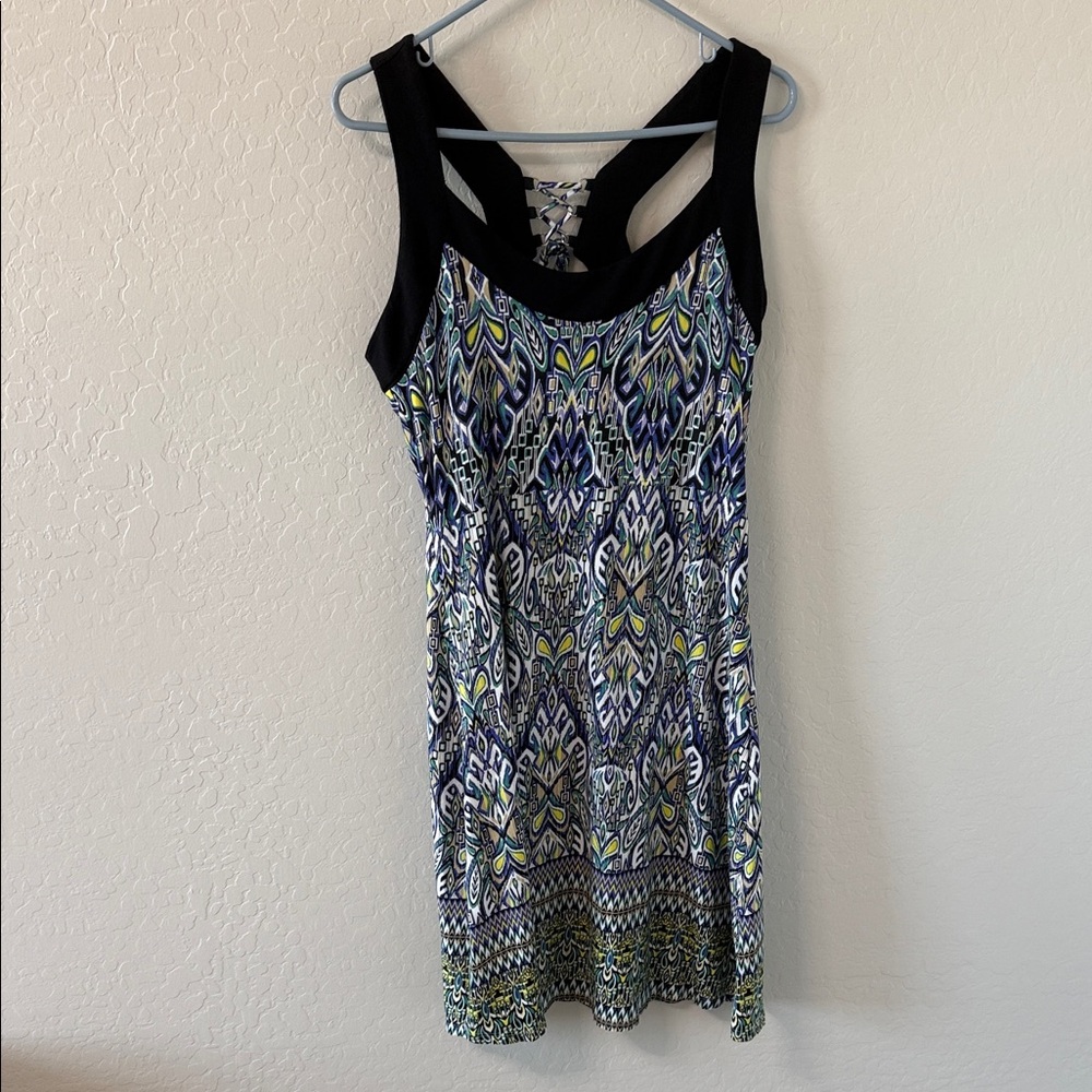 Black Trim Printed Midi Dress - Blue & Green Pattern